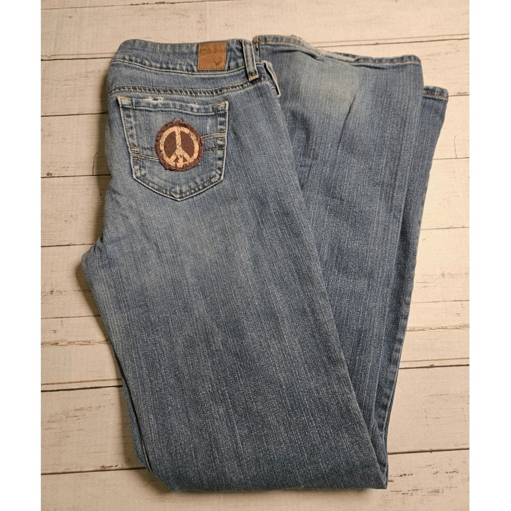 Vtg Y2K American Eagle Patch Boyfriend‎ Jeans 10L Low Rise Peace Sign Boho Tall